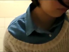 Cute girl sister with short hair is played by man in public toilet
